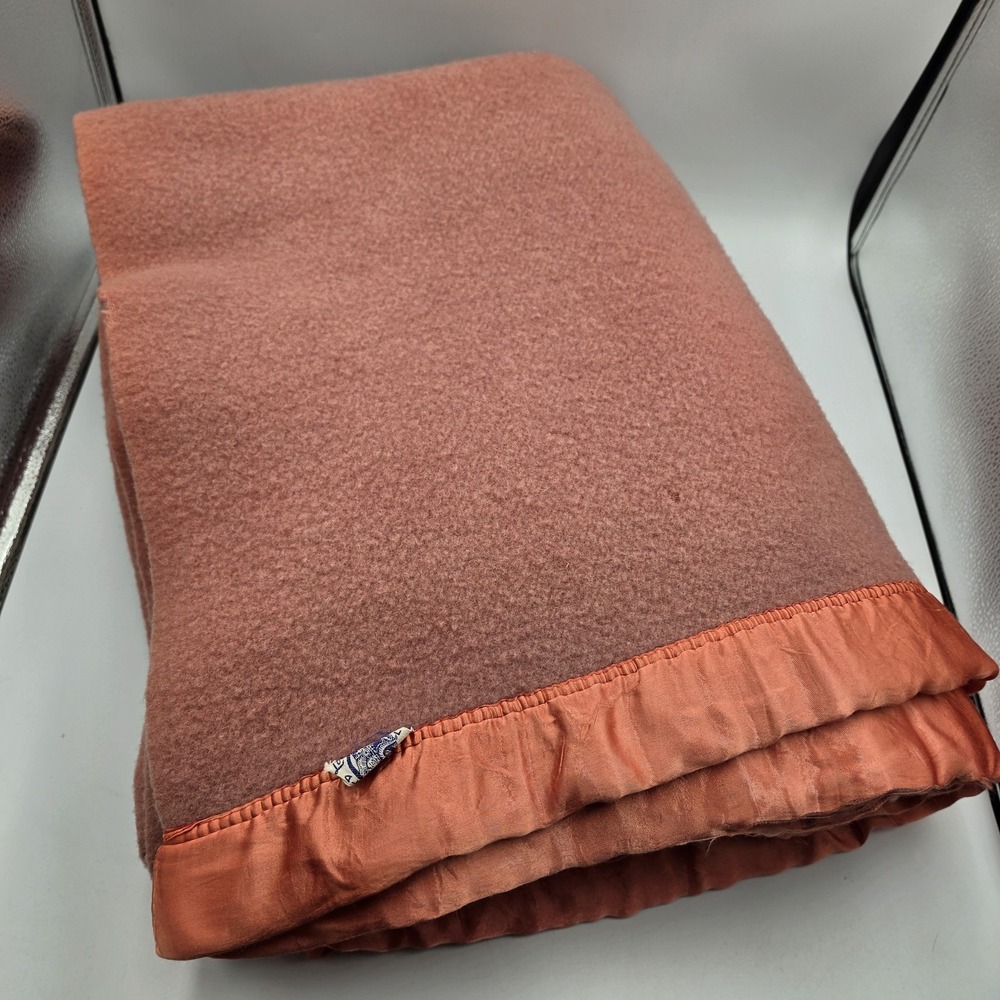 Vtg Gibboney Woolen Mills Throw Blanket All Wool 62x78" Satin Trim USA Drk Pink